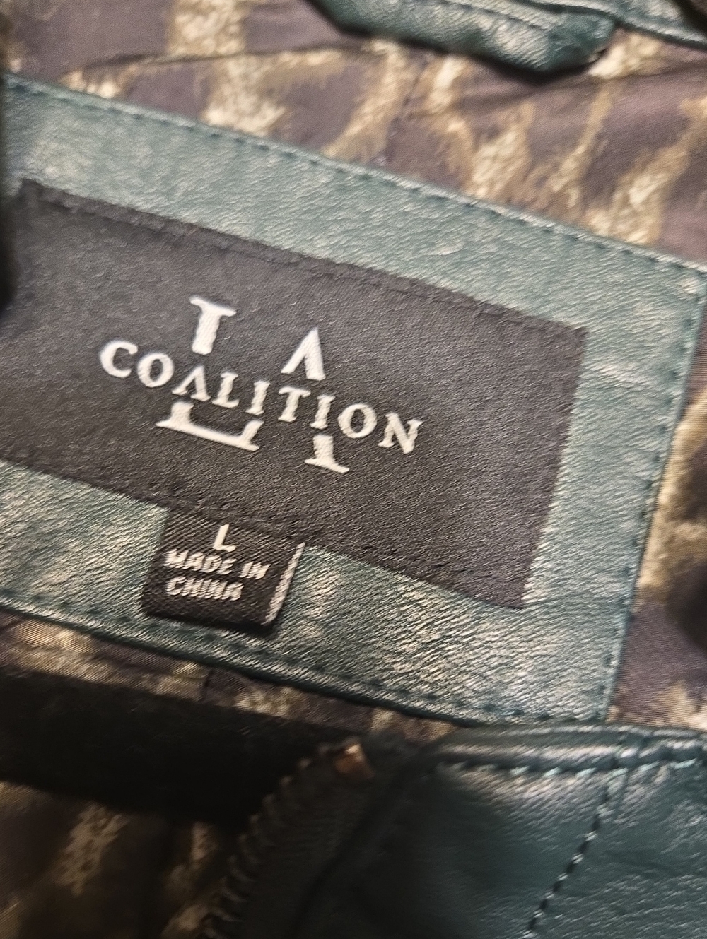 Dark Green Faux Leather Moto Jacket with Zipper Details - Picture 2 of 4